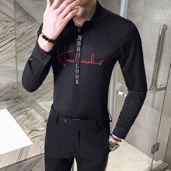 

fashion simple letter embroidery shirt men 2020 all match streetwear long sleeve men's social shirts slim fit casual prom tuxedo c1211, White;black