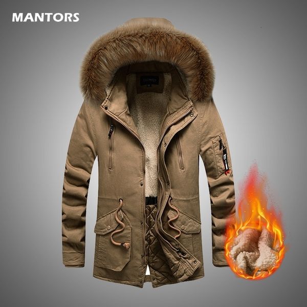 

winter jackets men fur thick cotton hooded parkas brand mens casual warm fleece winter coat windproof hat parkas jacket men 201118, Black