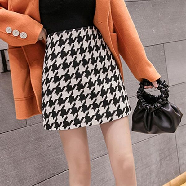 

houndstooth wool skirts women winter vintage autumn mini pencil skirts plaid skirts korean high waist elegant skirt lady v841, Black