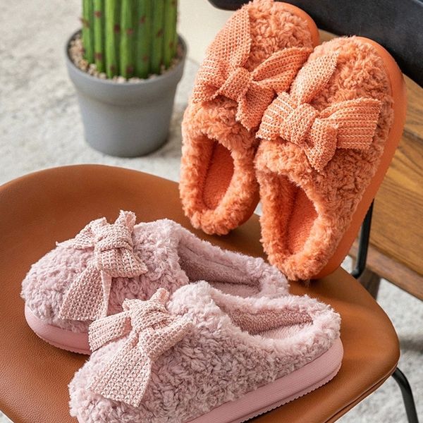 

winter slippers thick sole platform women fur slippers cute bow-knot warm plush indoor flats bedroom pink ladies furry slides #jh7z, Black