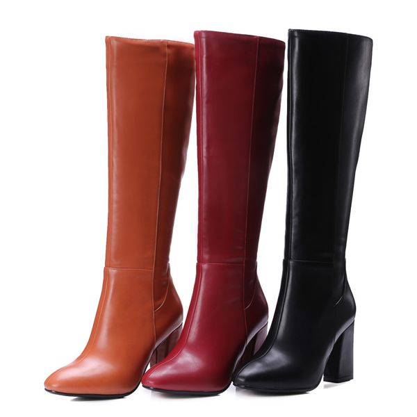 

black red women autumn boots zipper ladies boot square heel pu fashion knee shoes