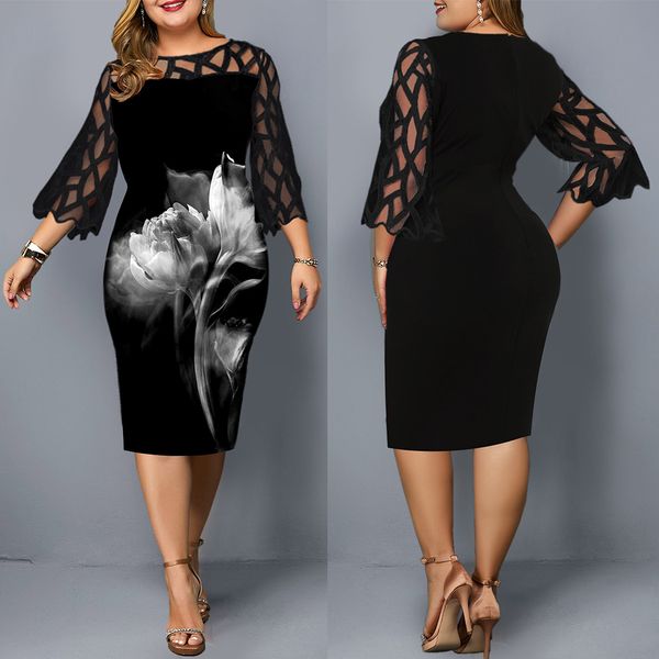 Midi Senhoras Vestido Floral Plus Size Black Malha Elegante Mulheres Casamento Vestido de Festa de Casamento 3/4 Sleeve Verão Primavera Feminino Bodycon Dress 201204