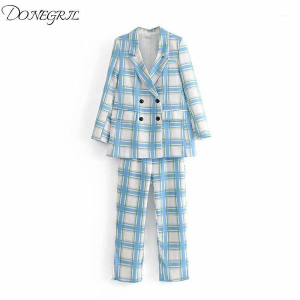 

women's set pants suit 2020 new autumn retro hit color classic plaid suit jacket casual feet casual pants two-piece women1, White