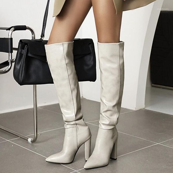 

leather slip on winter fashion thigh high boots big size women pointed toe chunky heel boots over knee1, Black