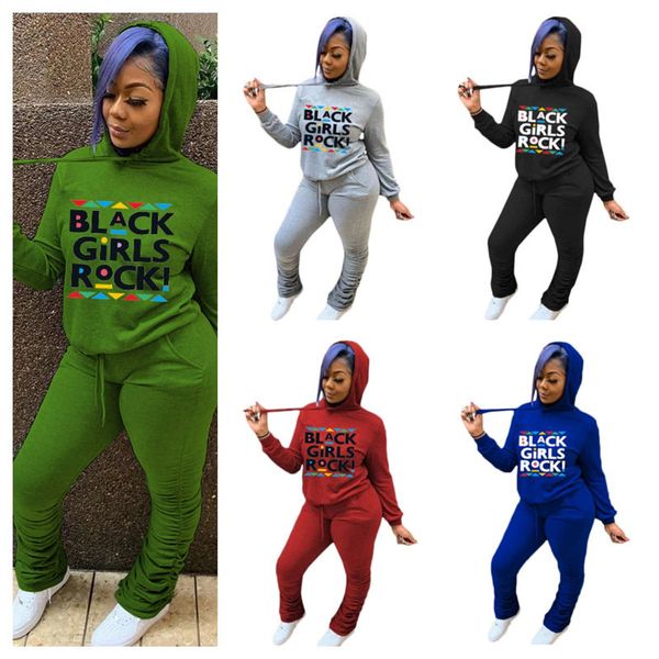 

women black girls rock letters tracksuit winter fleece hooded hoodies wrinkle legging pants two piece outfits trousers sweat suit e121505, White