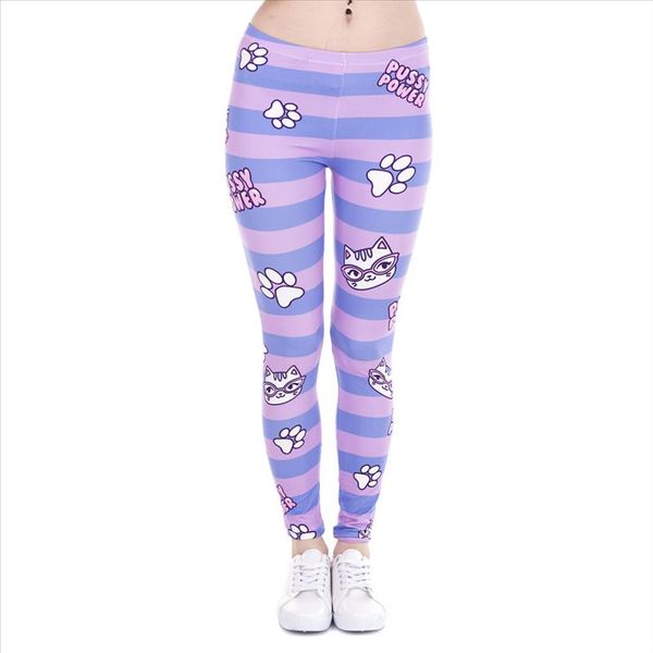 

fashion women leggings pusy power pink stripes printing cats fitness legging high waist stretch woman pants, Black