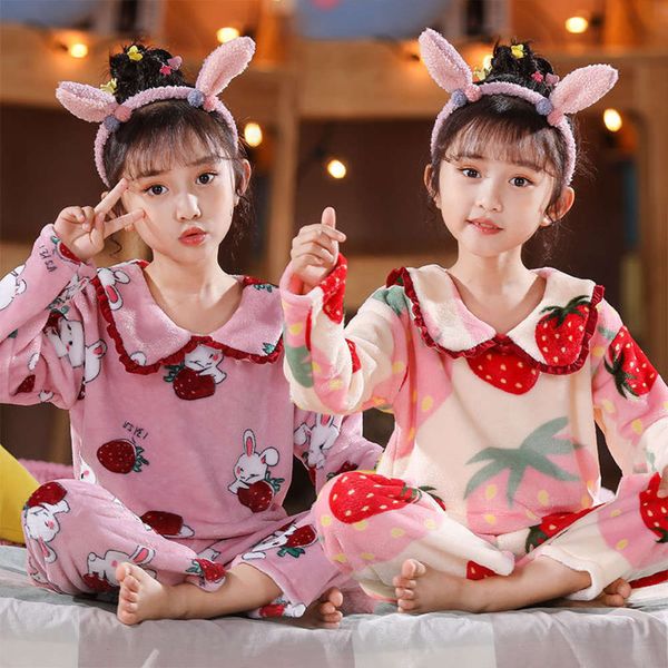 

children's flannel women's autumn and winter long sve girls' coral veet pajamas, Blue;red