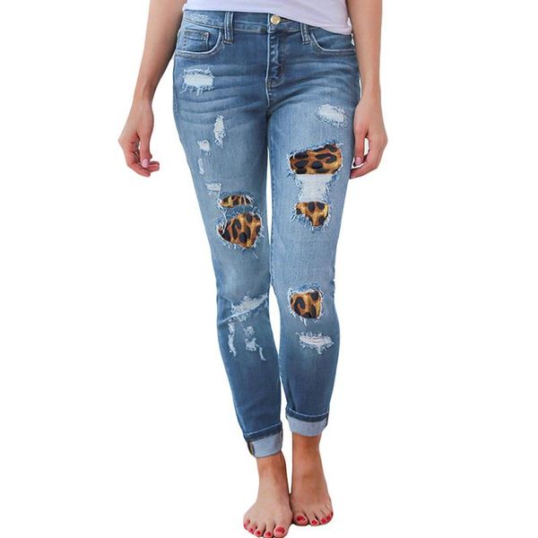 

ripped hole trousers wide-leg jeans women's vintage leopard fashion casual jogging femme streetwear joker female jean pants, Blue