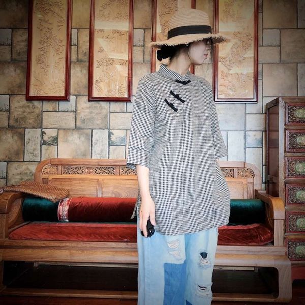 

luogu clay chine style improved vertical collar, plate buckle slant placket, literature and art pure linen thousand bird pattern 1044, White