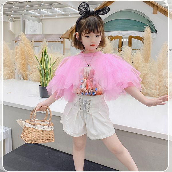 

summer girls t shirt baby tee kids toddler t shirt children streetwear clothes fashion lace ruched sleeve sequin 3 to 8 yrs y200704, Blue
