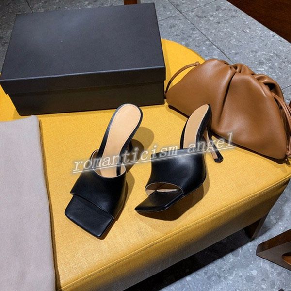 

2021 design women' slippers square mules toe sandal stretch sandals goatskin high heel sandals luxe lady wedding high heels multiple, Black;grey