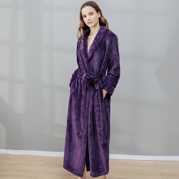 

2021 new autumn winter flannel nightgown for women thick solid v neck long sleeve with sashes female sleepwear 99a6, Black;red