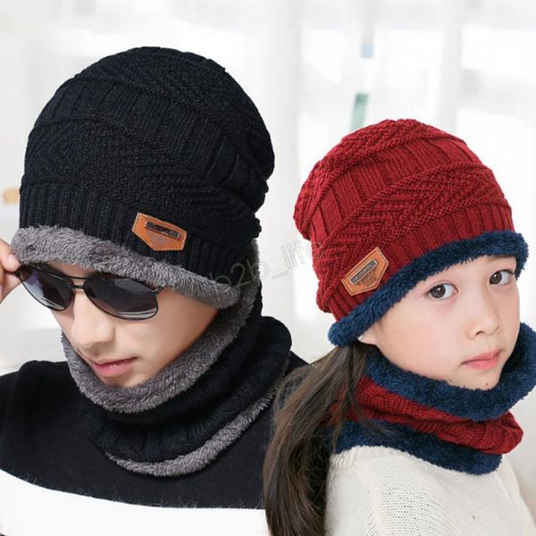 

parent-child winter beanie scarf 2 in 1 set family warm fleece soft skull cap mask earflaps hats knitted outdoor