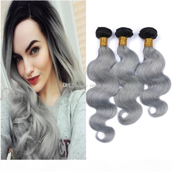 

ombre color 1b grey body wave hair weft unprocessed human hair 3 bundles brazilian virgin hair extension dark root ombre bundle weaves, Black;brown