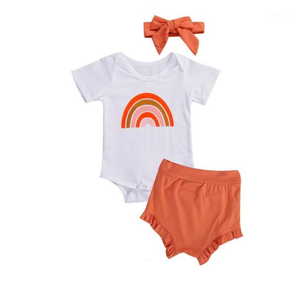 

summer baby boys girls clothes sets rainbow print cotton romper solid shorts headband 0-18m1, White