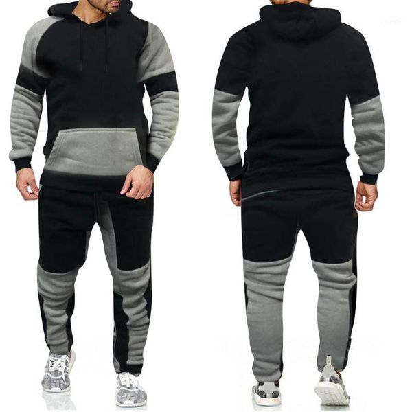 

2 pieces sets tracksuit men new brand autumn winter hooded sweatshirt +drawstring pants men patchwork hoodies cotton plus velvet1, Gray