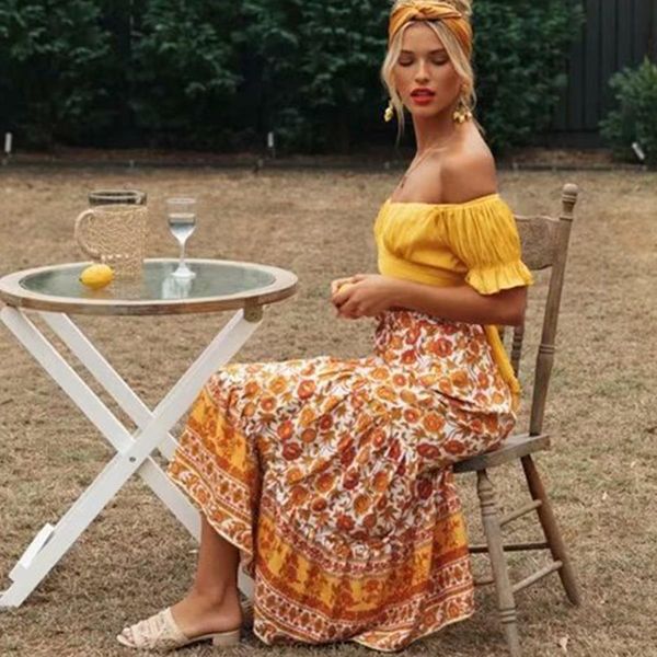 

hippie summer floral printed midi skirt high waist elastic vintage faldas spring beach boho casual clothes 2020 long women skirt, Black