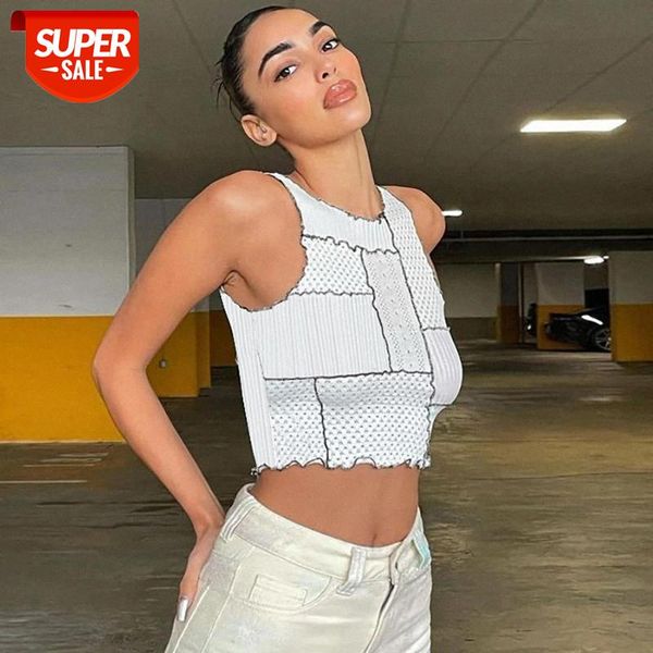 

streetwear skinny stripe patchwork women white vintage summer tank women contrast color vest crop short #vd8q