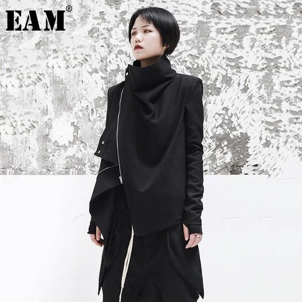 

eam] 2021 new spring stand collar long sleeve black zipper split joint irregular jacket women coat fashion tide ji102, Black;brown