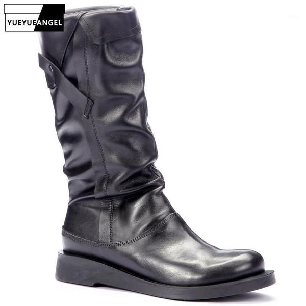 

boots fashion 2021 winter fleece lining women mid calf genuine leather combat boot female casual platform flats riding shoes1, Black