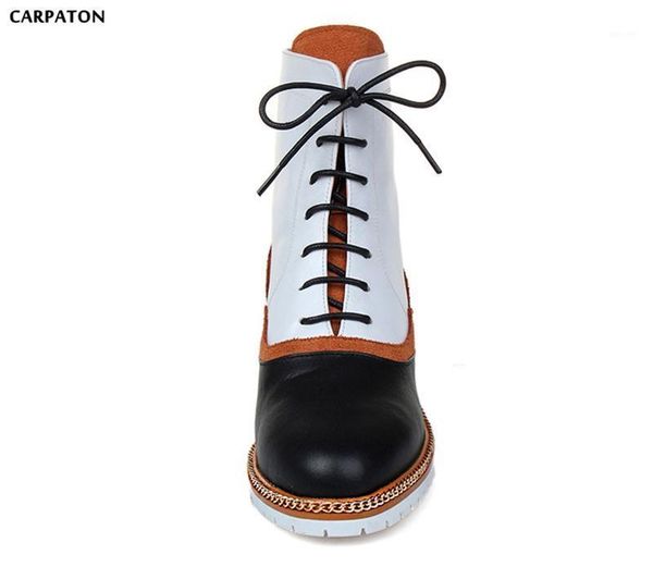 

carpaton 2020 new pu leather sanding stitching mixed shoes fashion ankle straps square heels round toe women short boots1, Black