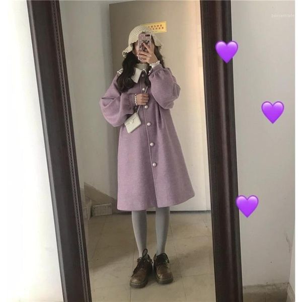 

women's wool & blends women purple winter long coat kawaii japanese style student ruched lantern sleeve sweet harajuku all-match street, Black