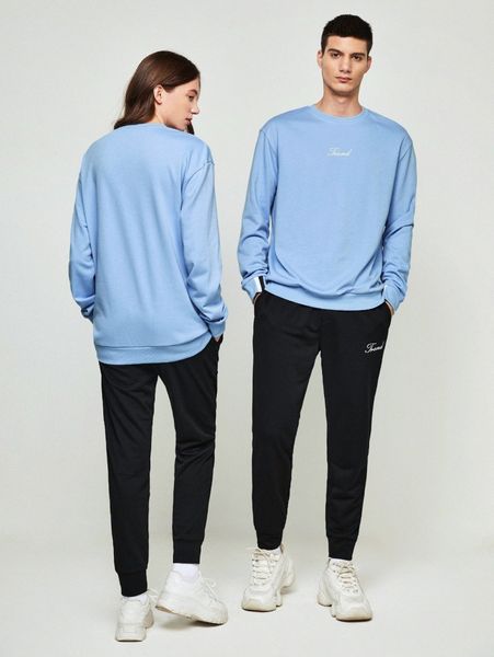 

letter embroidery 1 pullover and 1 sweatpants set s8nr#, Gray