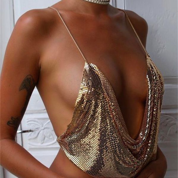 

fashion swimsuit nightclub low chest open back metal sequin chain sling deep v navel vest a038, White;black