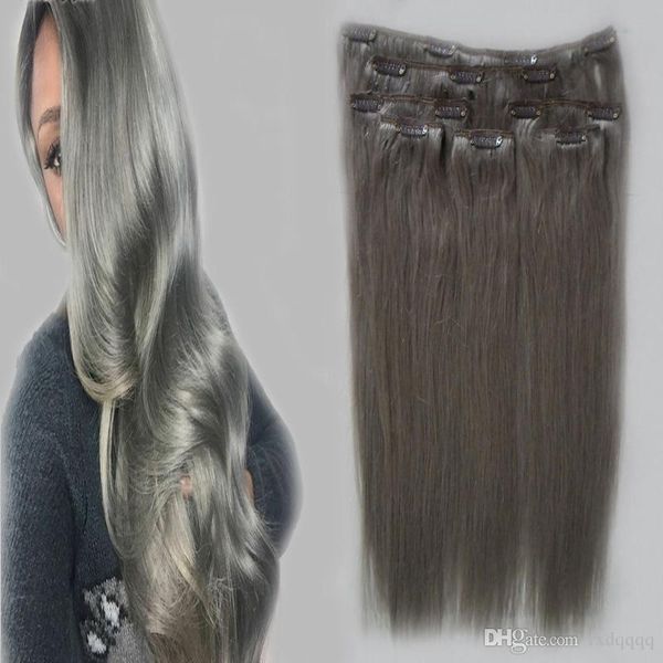 

grey clip in human hair extensions straight 100g 7pcs, Black;brown
