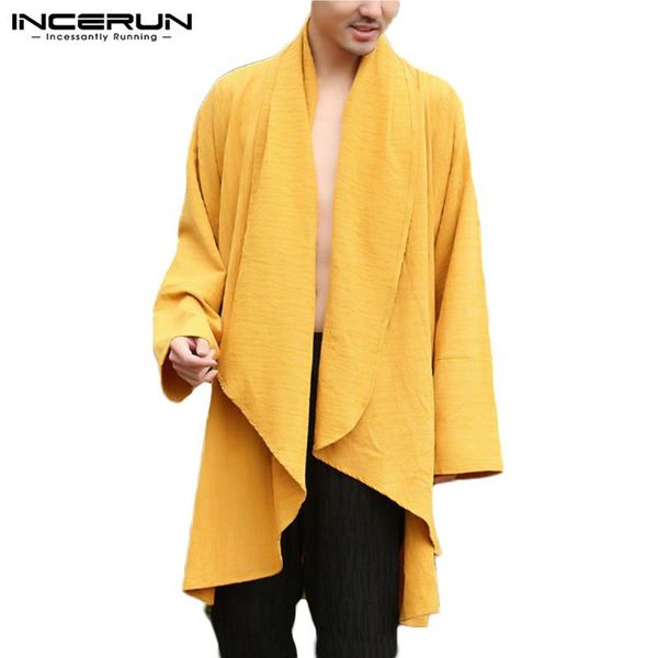 

incerun leisure solid color cardigan men long sleeve open stitch trench vintage loose coats mens long style outer clothing 5xl 7, Tan;black