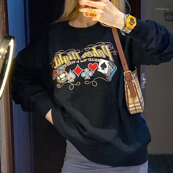 

long sleeve round neck poker night embroidery loose fashion sweatershirt coat fall clothes women 2020 y2k aesthetic sweatershirt1, Black
