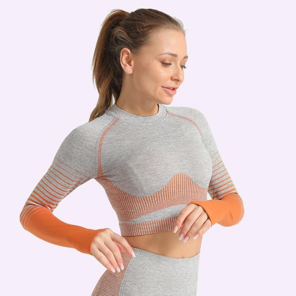 

women's yoga t-shirt crop with full sleeves blouse seamless tight exercise sport clothing workout shirt color matching, White;red