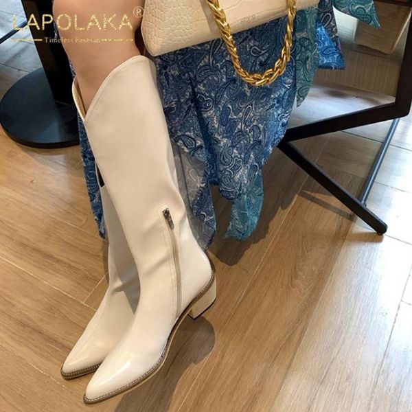 

boots lapolaka 2021 design british style elegant woman shoes thick heels pointed toe western knight riding boot ladies, Black