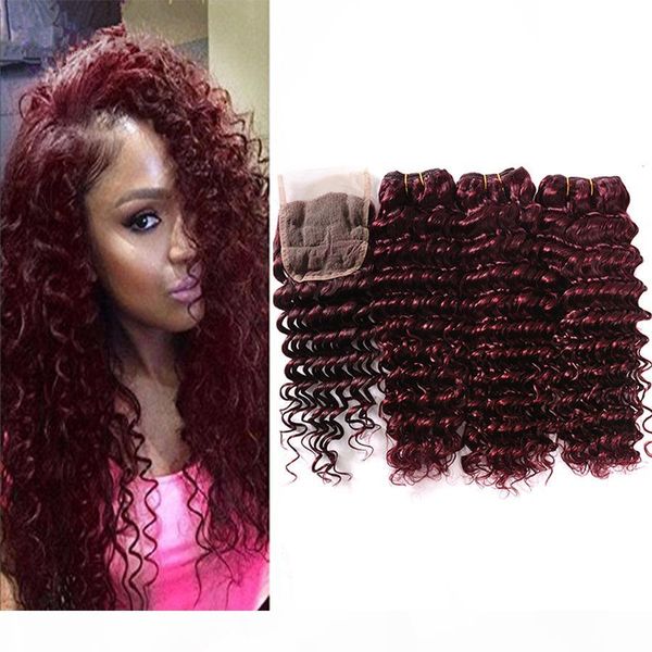 

popular color wine red 99j brazilian human hair 3 bundles with lace closure burgundy deep wave hair with ear to ear lace closure, Black;brown