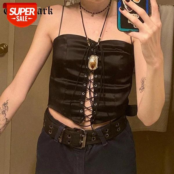 

goth dark mall gothic lace up black camis grunge punk e-girl skinny women crop hollow out spaghetti strap streetwear #dk4h, White