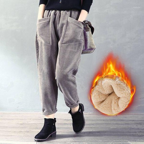 

women corduroy pants high waist harem trousers female warm plus velvet solid color retro casual loose fit literary fashion tide1, Black;white