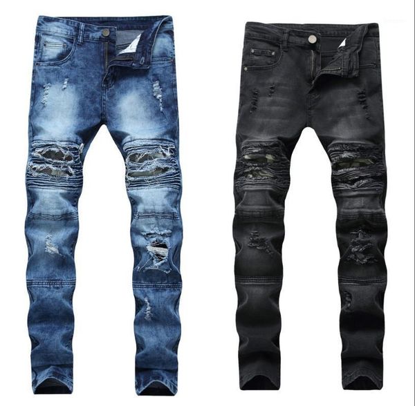 

qmgood ripped jeans men fashion 2020 new mens pants slim fit distressed jeans biker denim men plus size1, Blue