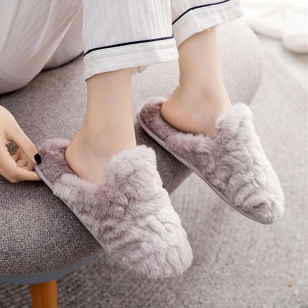 

winter new solid chic house women fur slippers warm plush bedroom flat shoes memory foam faux fur warm comfy slippers, Black
