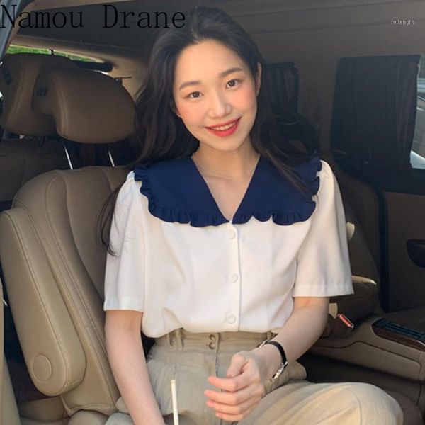

2020 retro doll collar wooden ear color collision design single breasted loose all-match short-sleeved shirt for women1, White