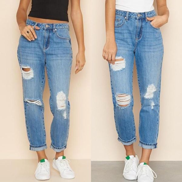 

fashion womens high waist hole pocket button zipper denim slim fit jeans pants w3171, Blue