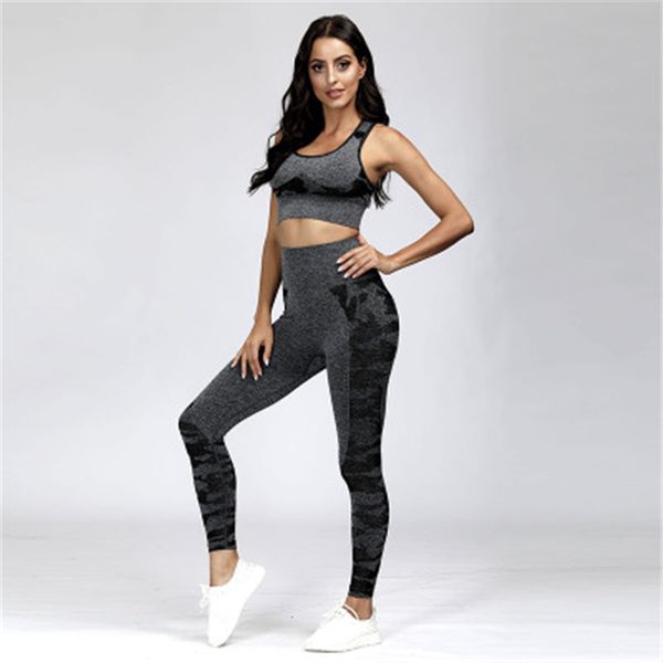 

women seamless leopard yoga 2pcs sets fashion trend gym sports vest leggings sportswear clothing female fitness skinny running tracksuits, Gray