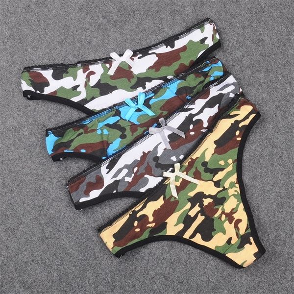 

4pcs/lot thong women g-string underwear women cool girl mini panties camouflage army navy print g string cute lingerie y200425, Black;pink