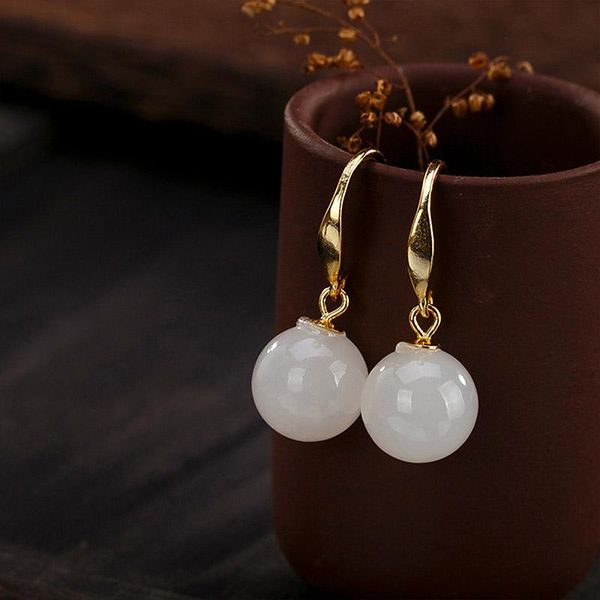 

925 sterling silver jade earrings for women costume jewelry gold-plated natural hetian jade vintage white earrings gold