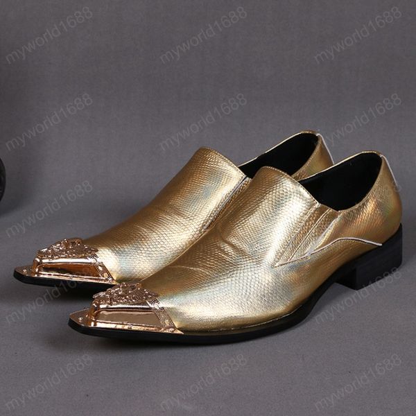 

new british style male golden serpentine real leather shoes metal carved pointed toe men's party dress shoes, Black