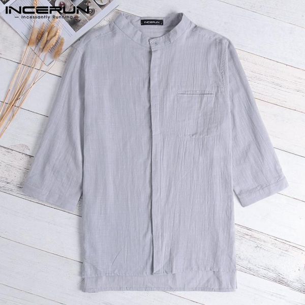 

summer casual cotton shirt men vintage 3/4 sleeve stand collar loose shirt retro solid color men camisa masculina incerun, White;black