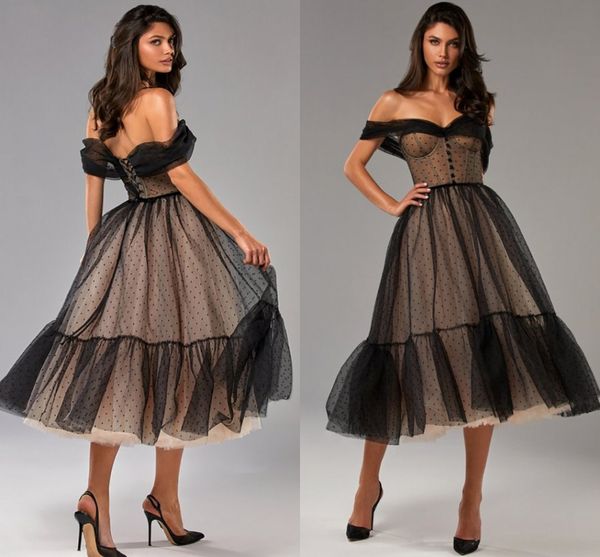 

black off the shoulder dot tulle prom dress sweetheart sleeveless evening dresses tea-length a-line party gowns vestidos de fiesta robe soir