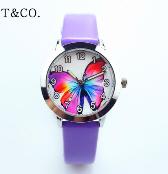 

fashion colorful butterfly women cartoon watches little girl birthday gift clock kid sports quartz timer luminous hands leather watch, Slivery;brown