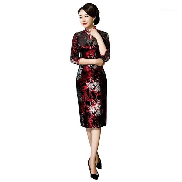 

ethnic clothing shanghai story 2021 velvet cheongsam knee length qipao chinese traditional dress 3 style1, Red
