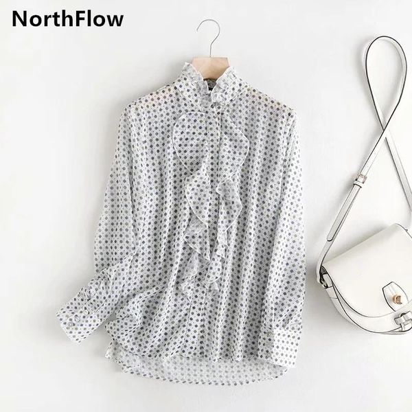 

northflow 2021 blusas blouse ruffles flocking dot mujer de moda kimono cascading blouses plus size womens, White