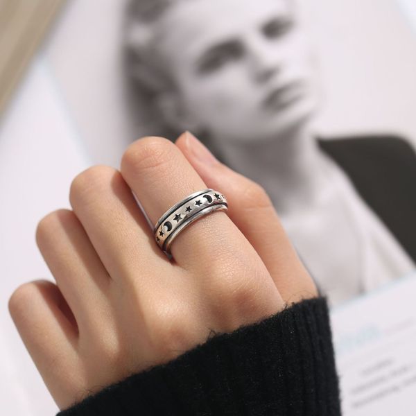 

korean design 925 sterling silver simple versatile star moon rotation ring